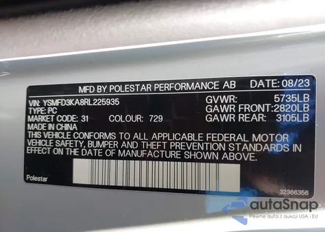 2024 Polestar 2 Long Range Dual Motor/Long Range Dual Motor Plus z USA, uszkodzony, nr VIN YSMFD3KA8RL225935